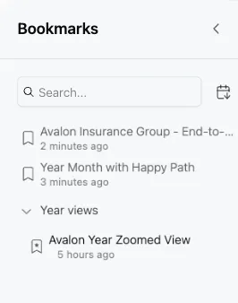 Bookmarkpaneel van ProcessMind met een opgeslagen weergave