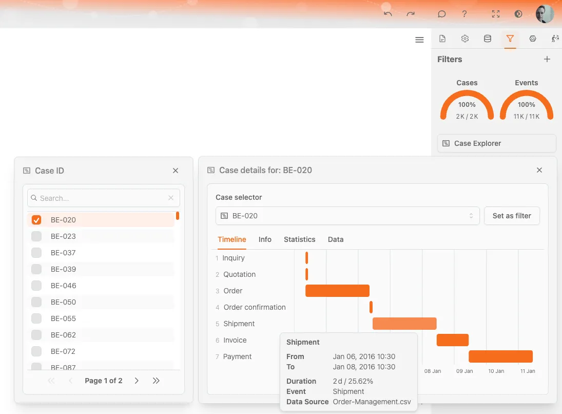 ケースリストとケース詳細ビューが表示されたケースエクスプローラー