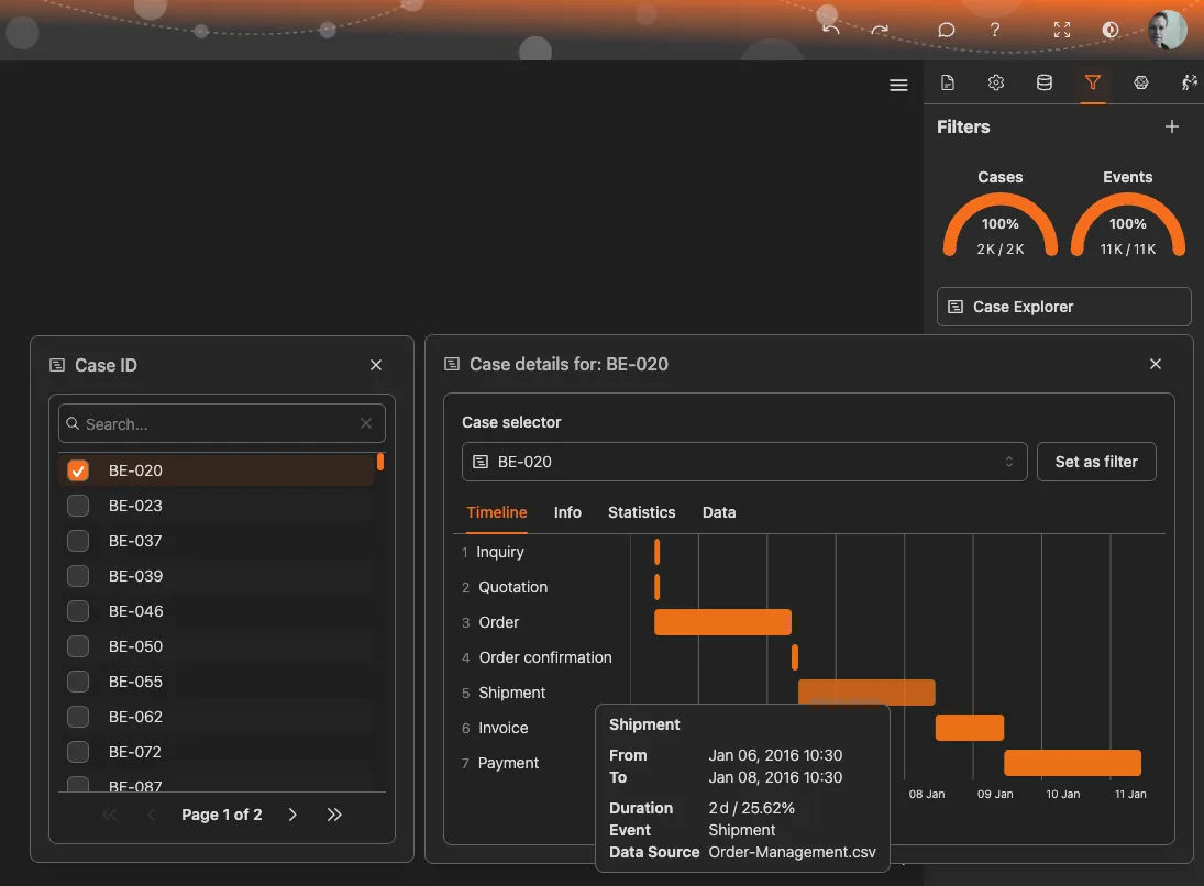 ケースリストとケース詳細ビューが表示されたケースエクスプローラー