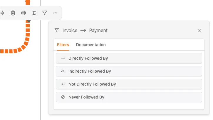 ProcessMind のコネクション要素の詳細パネル。フィルターとドキュメントのタブを表示しています