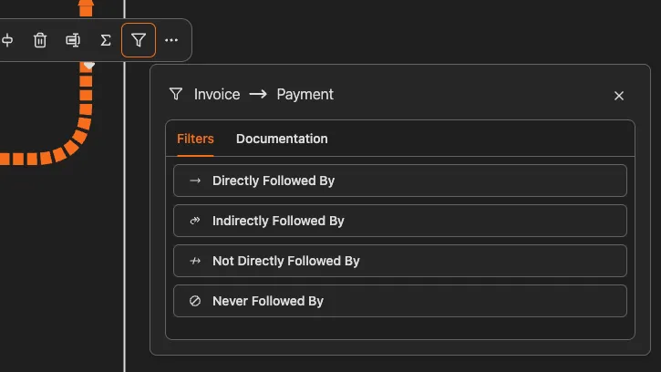 ProcessMind のコネクション要素の詳細パネル。フィルターとドキュメントのタブを表示しています