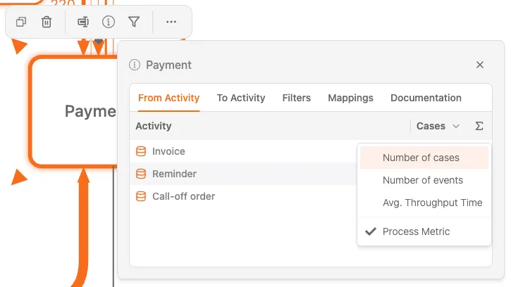 ProcessMindの要素詳細パネル。関係、フィルター、マッピング、ドキュメントの各タブが表示されています。