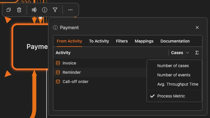 ProcessMindの要素詳細パネル。関係、フィルター、マッピング、ドキュメントの各タブが表示されています。