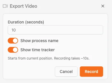 Process animation export video dialog with options
