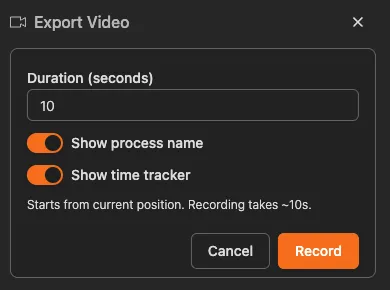 Process animation export video dialog with options