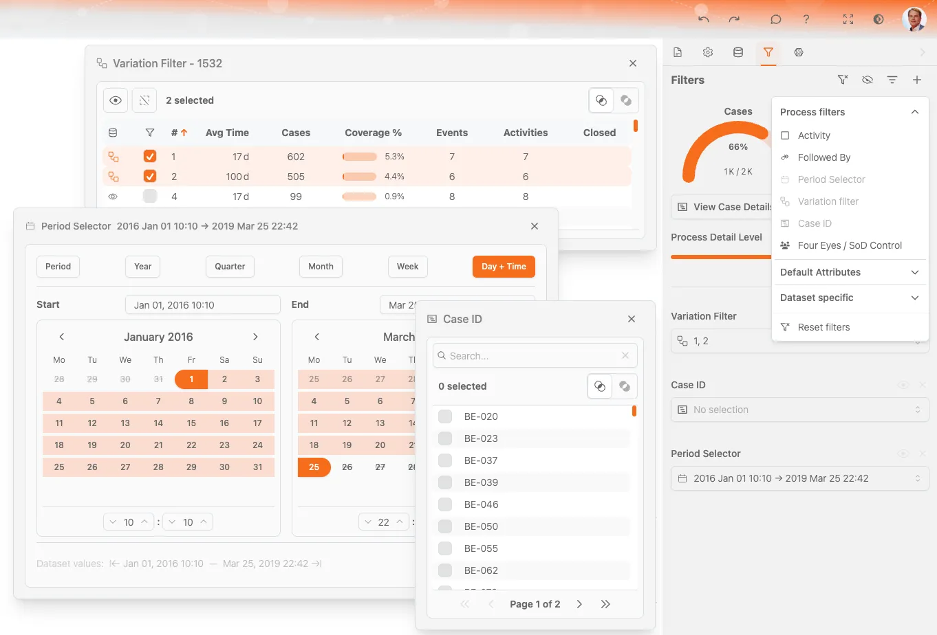 ProcessMind フィルターパネル：アクティブなフィルター