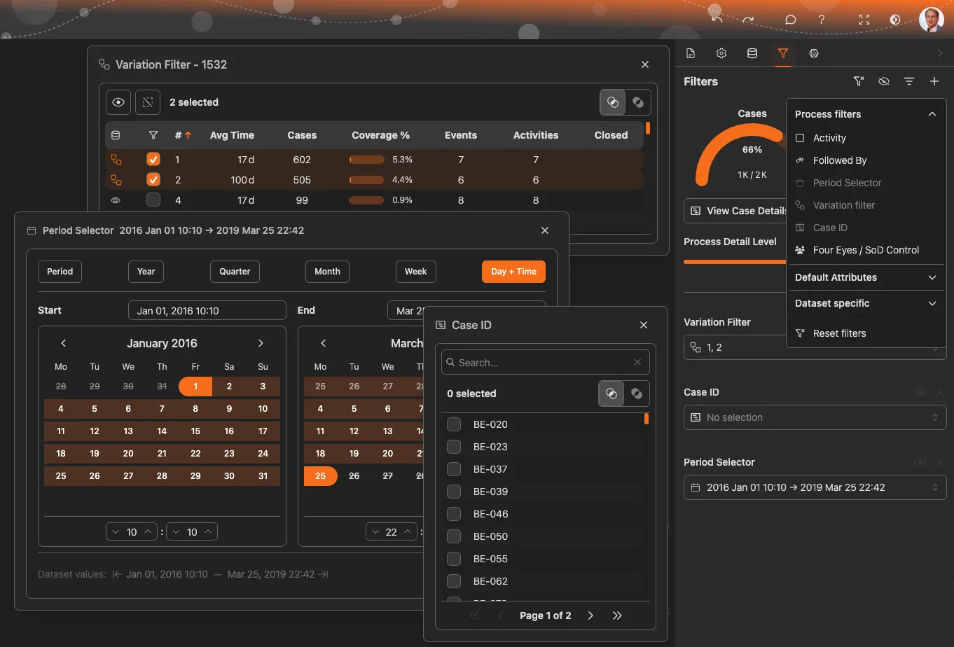ProcessMind フィルターパネル：アクティブなフィルター