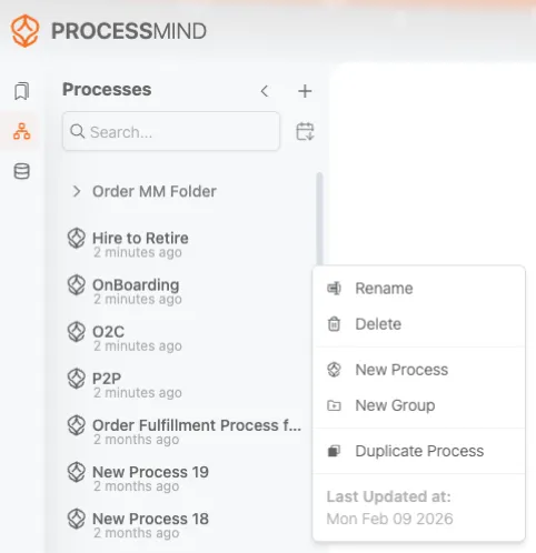 利用可能なプロセスを表示する ProcessMind のプロセス一覧
