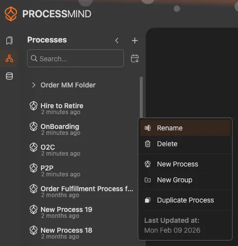 利用可能なプロセスを表示する ProcessMind のプロセス一覧