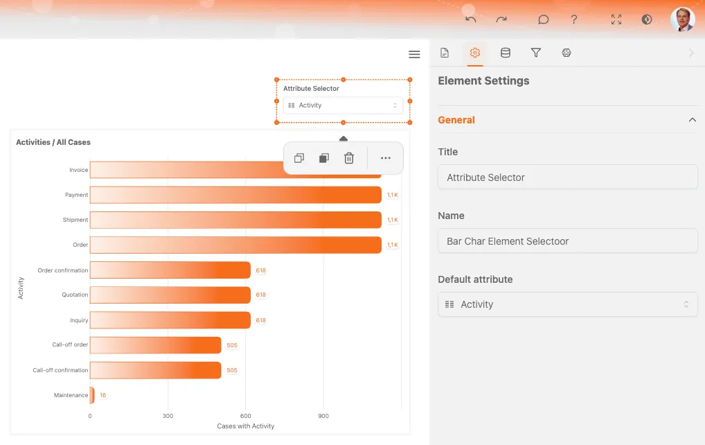 ProcessMind セレクター：分析ディメンションの選択