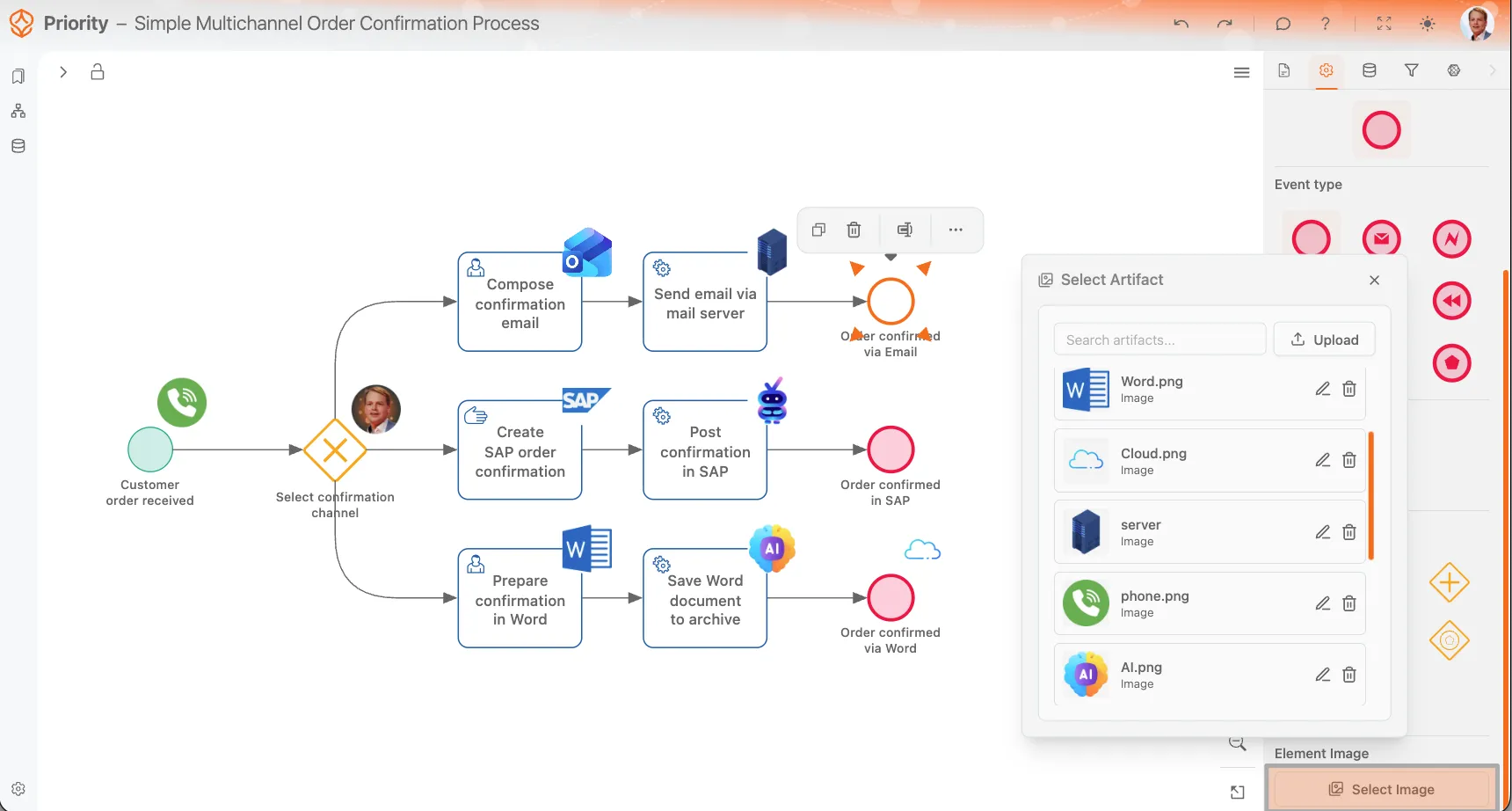 ProcessMind BPMN modeler showing custom element icons for enhanced process visualization and clarity