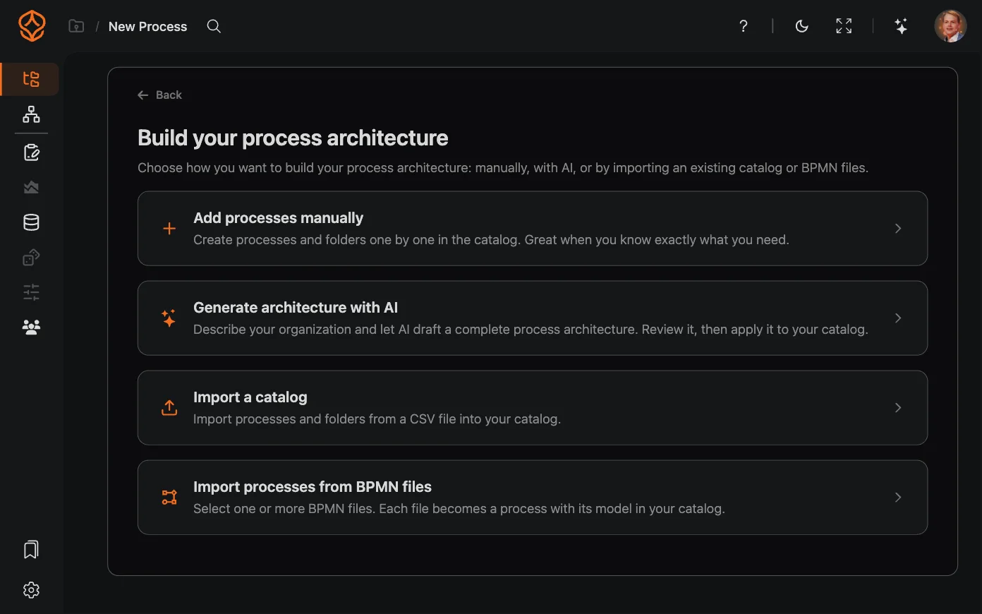 Opties voor het instellen van de procesarchitectuur in ProcessMind