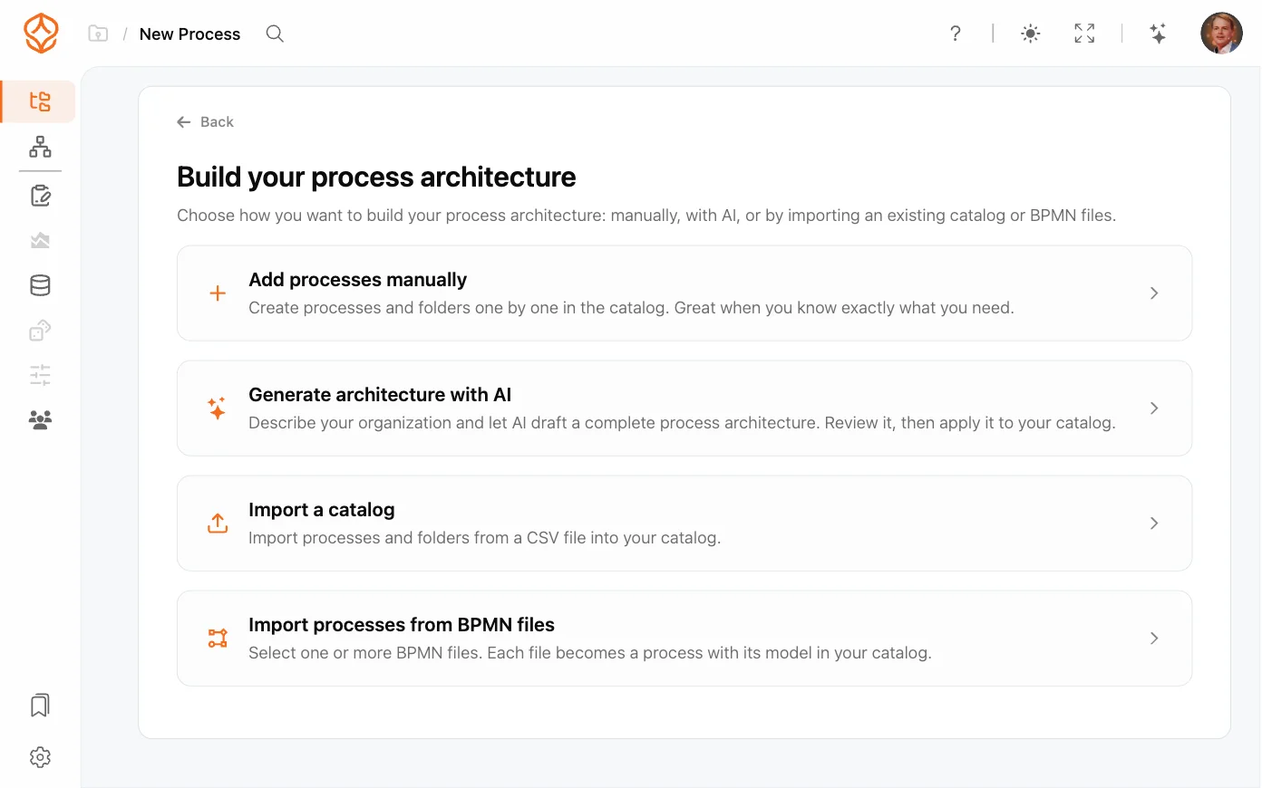 Opties voor het instellen van de procesarchitectuur in ProcessMind