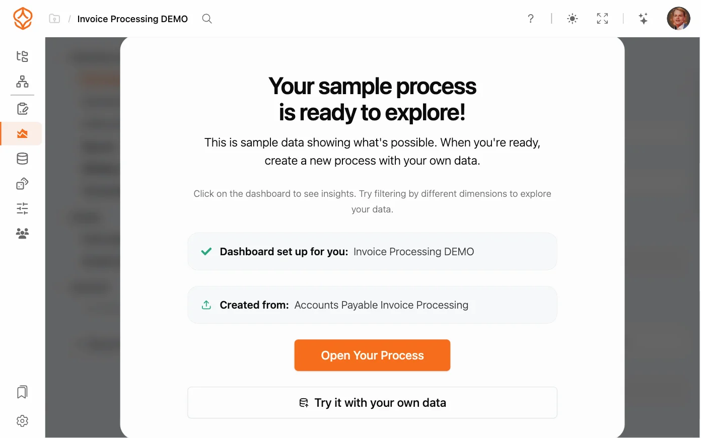 Gesimuleerd proces in ProcessMind, klaar om te verkennen