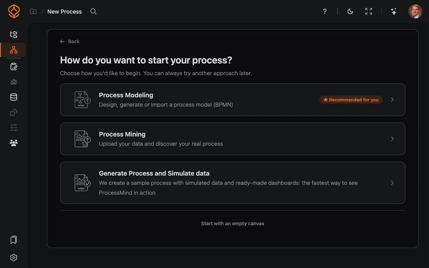 ProcessMind-wizard voor nieuwe processen met vier startpunten
