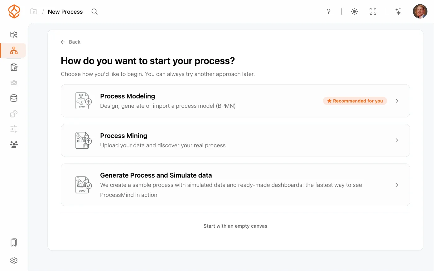 ProcessMind-wizard voor nieuwe processen met vier startpunten
