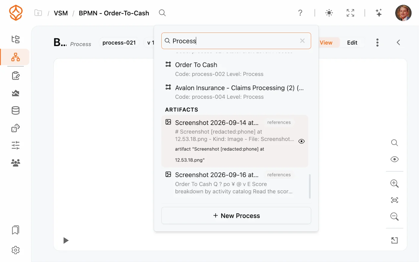 Globale zoekresultaten in ProcessMind