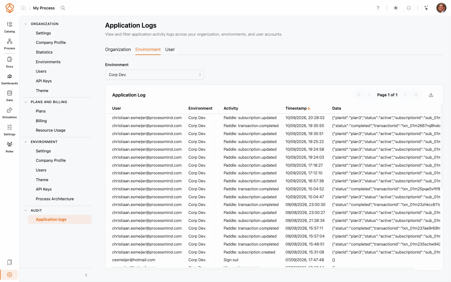 Application audit logs
