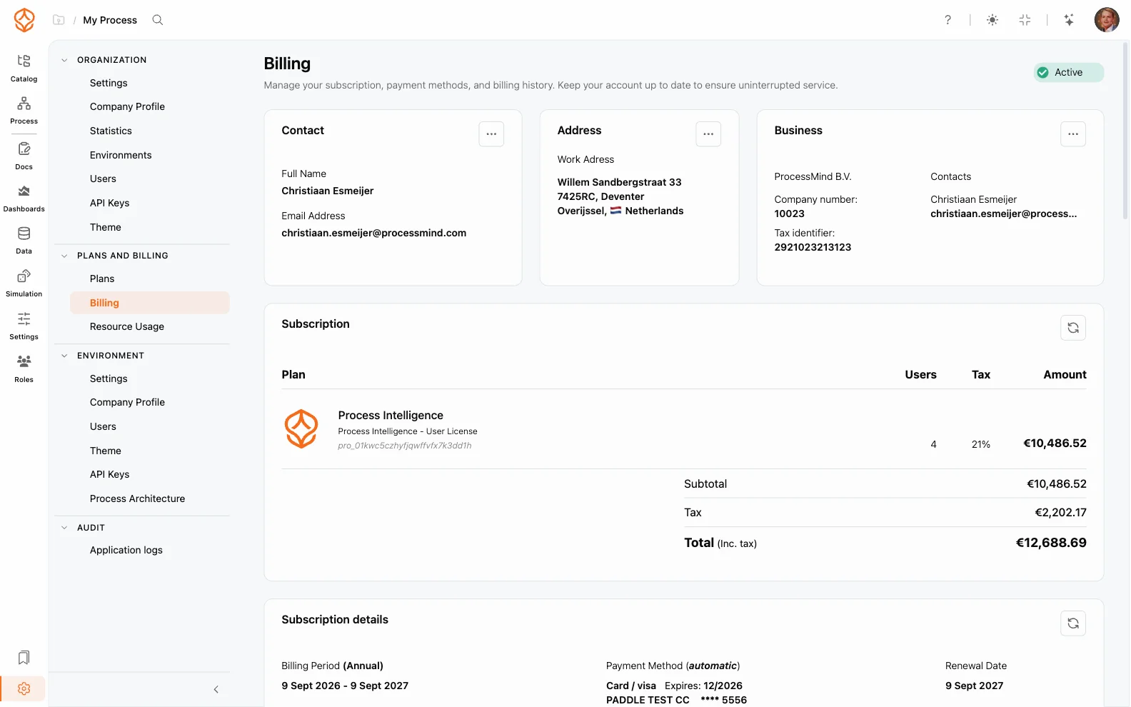 Scherm voor facturering en betalingen in ProcessMind